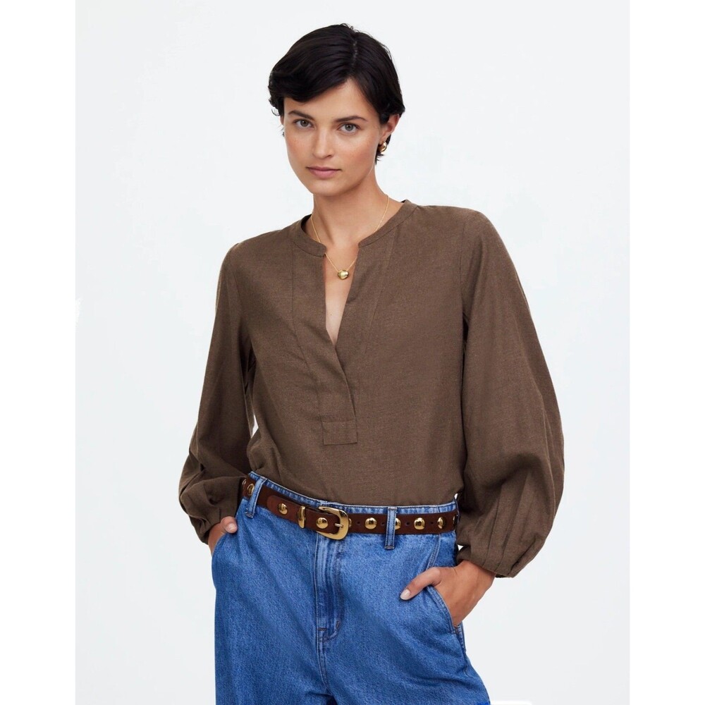 MADEWELL V-Neck Long Sleeve Top XS Bitter Chocolate Melange Brown NWT B35